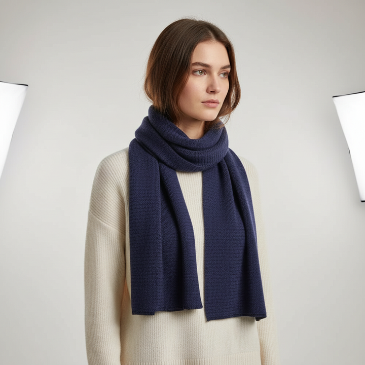 Warm and soft ribbed knit cashmere blend scarf, essential for cold weather.