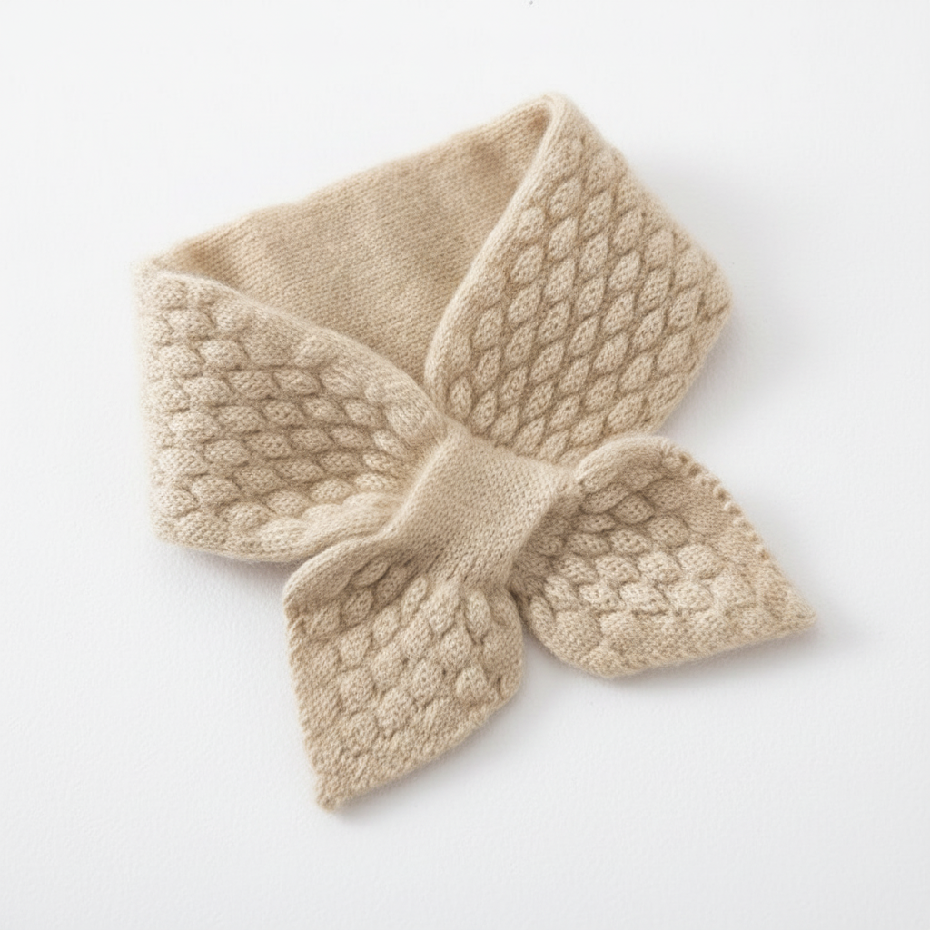 Close-up of the texture of a knitted gray neck warmer, ideal winter accessory for warmth.