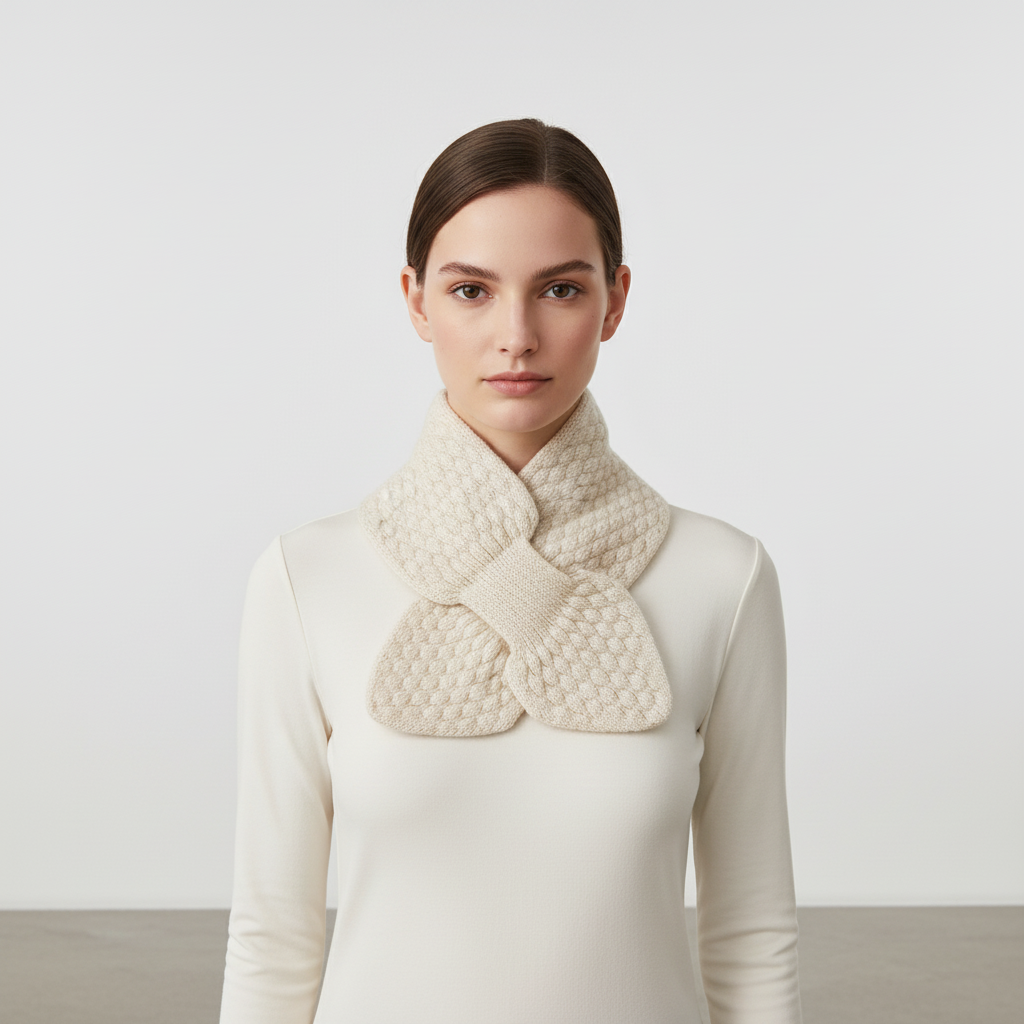 Model wearing a unisex knitted neck warmer, providing comfort and style for cold weather.