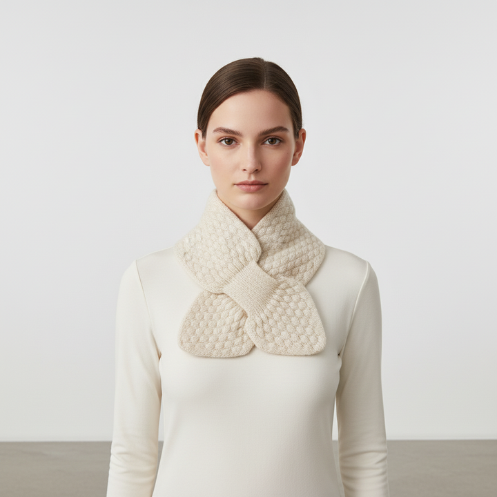Model wearing a unisex knitted neck warmer, providing comfort and style for cold weather.