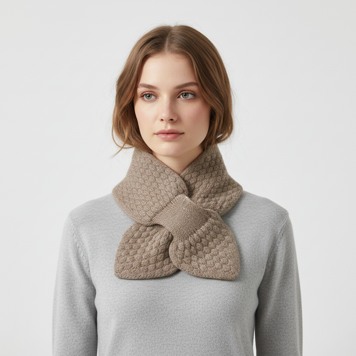 Folded unisex knitted neck warmer, compact and ready for protection against cold winter days.