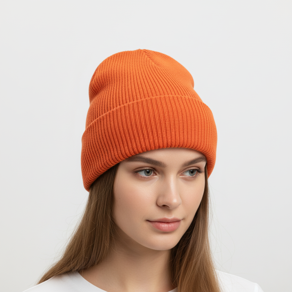 Flat lay of a red one-size knitted beanie, warm and comfortable winter accessory
