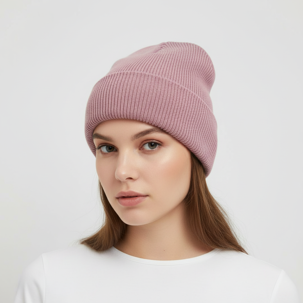Detailed shot of the acrylic knit material of a one-size unisex beanie