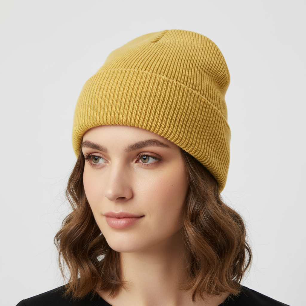 Person adjusting a blue knitted one-size beanie, showcasing its flexible fit
