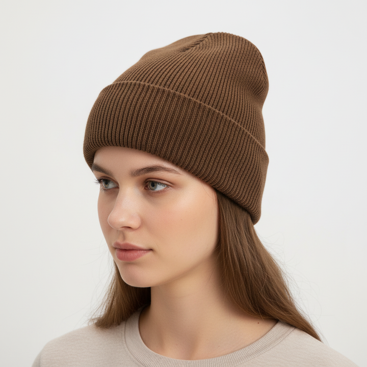 Stylish grey knitted beanie, one-size, perfect unisex winter accessory