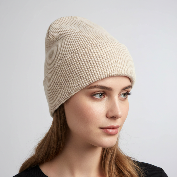 Close-up of a textured knit one-size beanie, showcasing the fabric