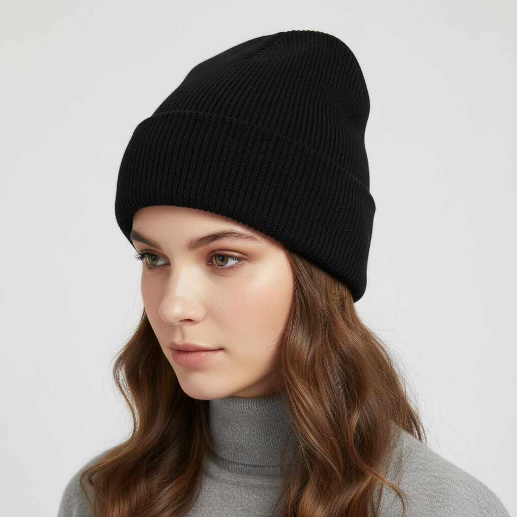 Model wearing a black knitted one-size beanie, front view, stylish winter look