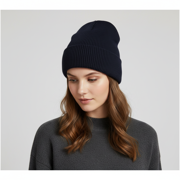 Stack of colorful one-size knitted beanies, highlighting available options
