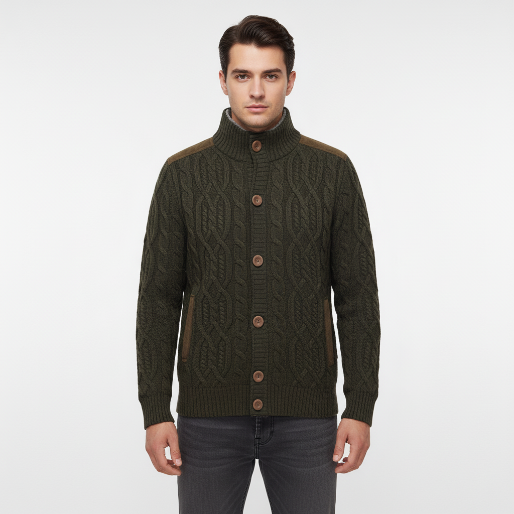 Close-up of knitted sweater, button detail, soft texture, casual unisex longsleeve