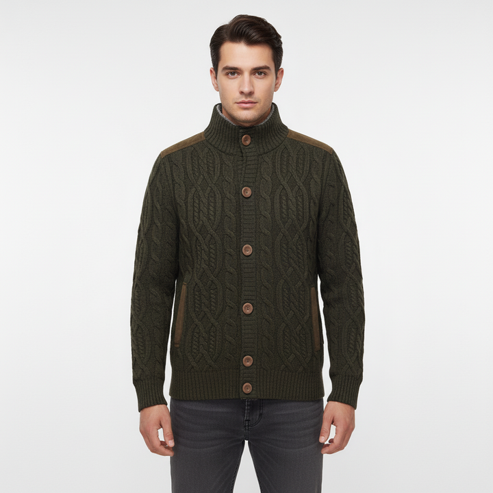 Close-up of knitted sweater, button detail, soft texture, casual unisex longsleeve
