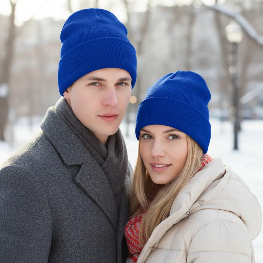 Unisex knitted winter beanie in black, perfect for cold weather warmth and minimalist style.