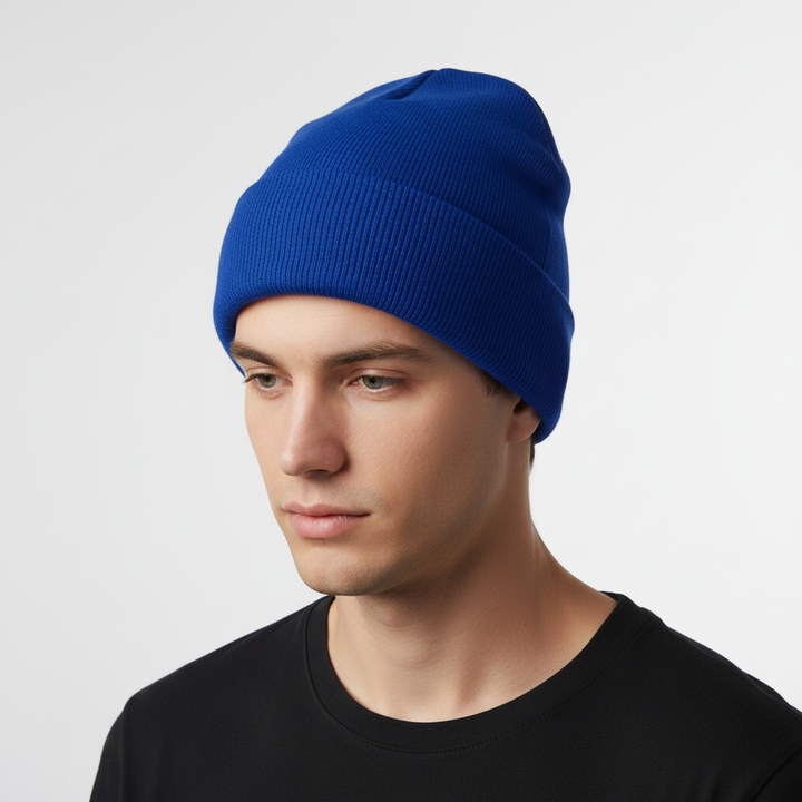 Person enjoying the outdoors wearing a warm, knitted unisex winter beanie hat.