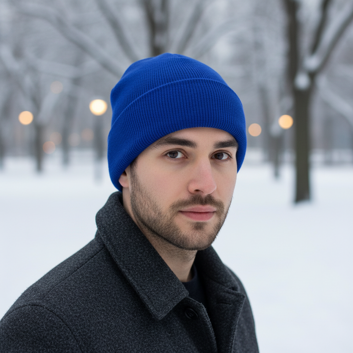 ComfyBeanie: Grey knitted unisex hat, offering stretch fit and durable warmth for winter fashion.