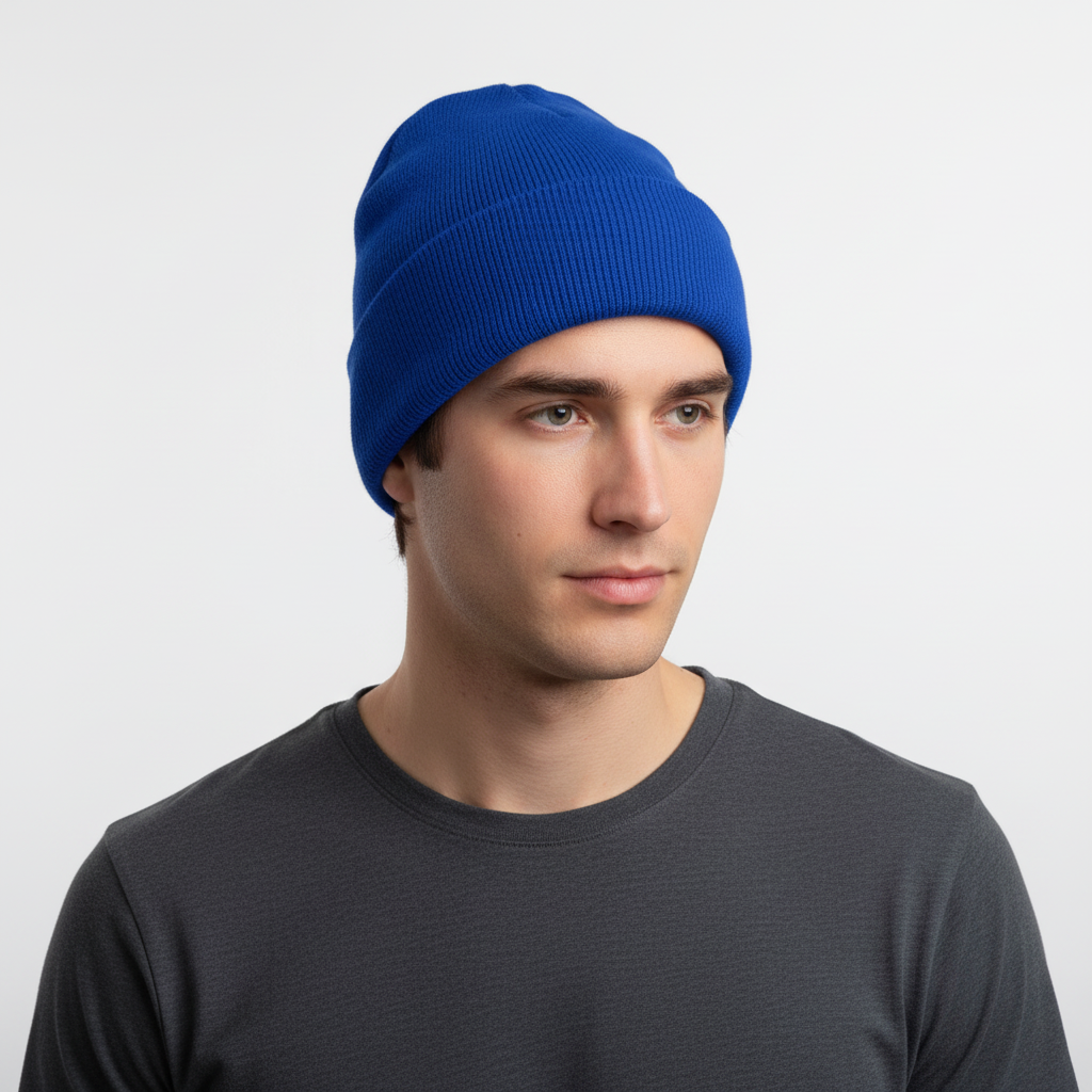 Close-up of a blue knitted winter beanie, showcasing its texture and comfortable, warm headwear.