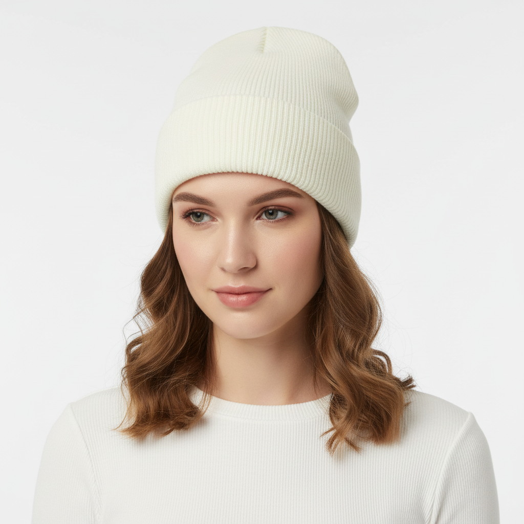 Model wearing a black unisex knitted beanie, demonstrating its stylish and warm headwear fit.