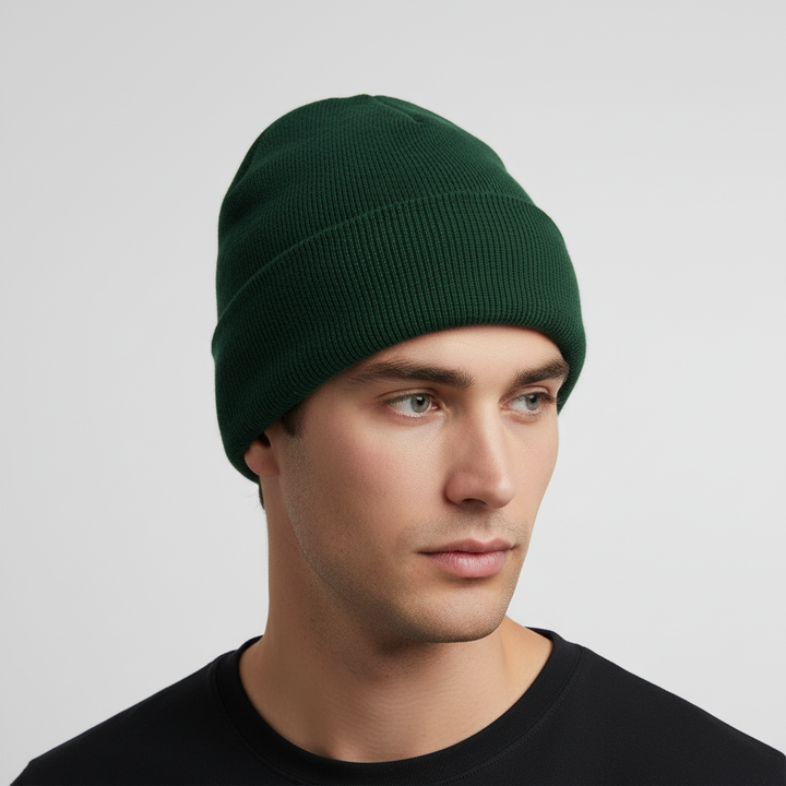 ComfyBeanie: Cream unisex knitted hat, essential for winter fashion and cold weather protection.