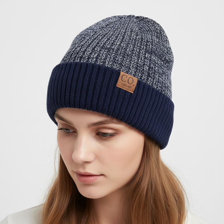 Close-up of a cozy, fleece-lined knitted beanie, ideal cold weather headwear