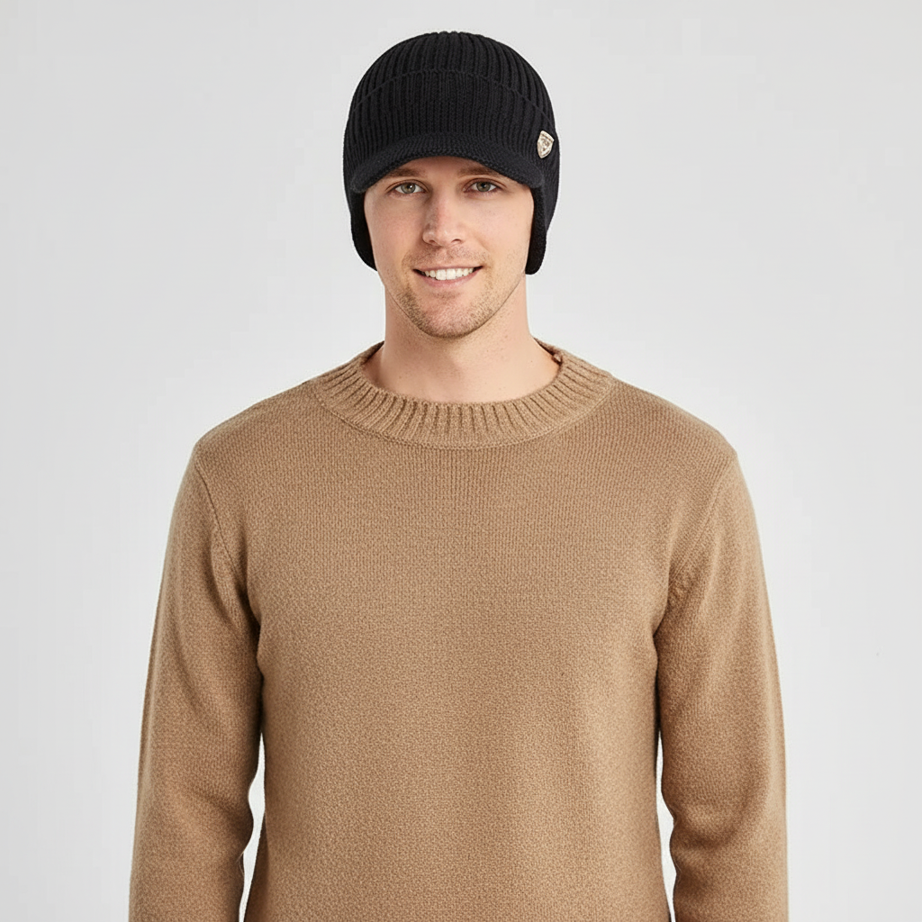 Stylish Earmuffz beanie in a neutral color, featuring ear flaps for men and women's winter fashion