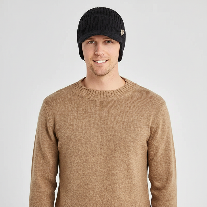 Stylish Earmuffz beanie in a neutral color, featuring ear flaps for men and women's winter fashion