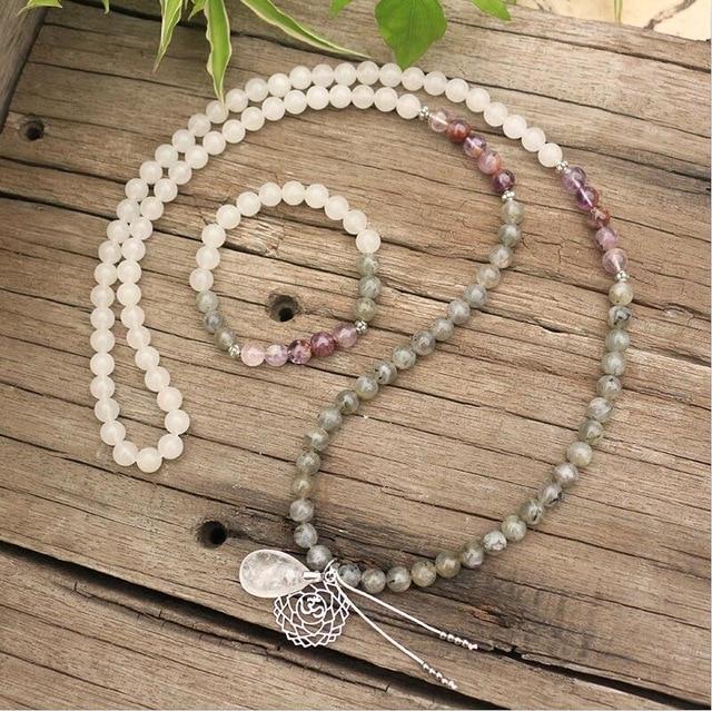 Unisex Labradorite Jade Amethyst mala beads necklace. Handmade healing jewelry for meditation & spiritual balance.