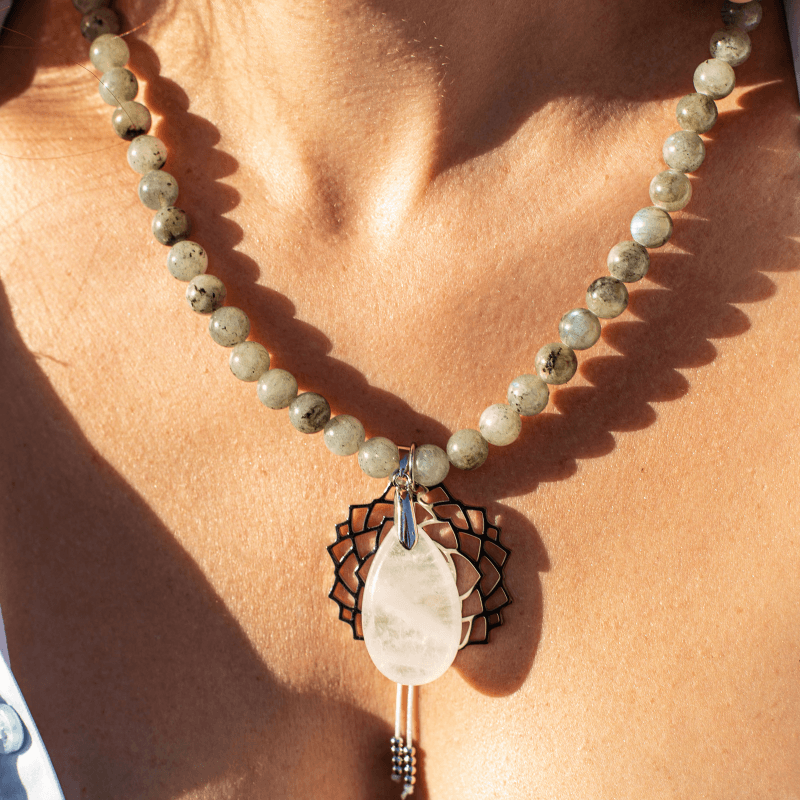 Labradorite, Jade & Amethyst mala beads necklace. Spiritual meditation jewelry for chakra balance & protection.