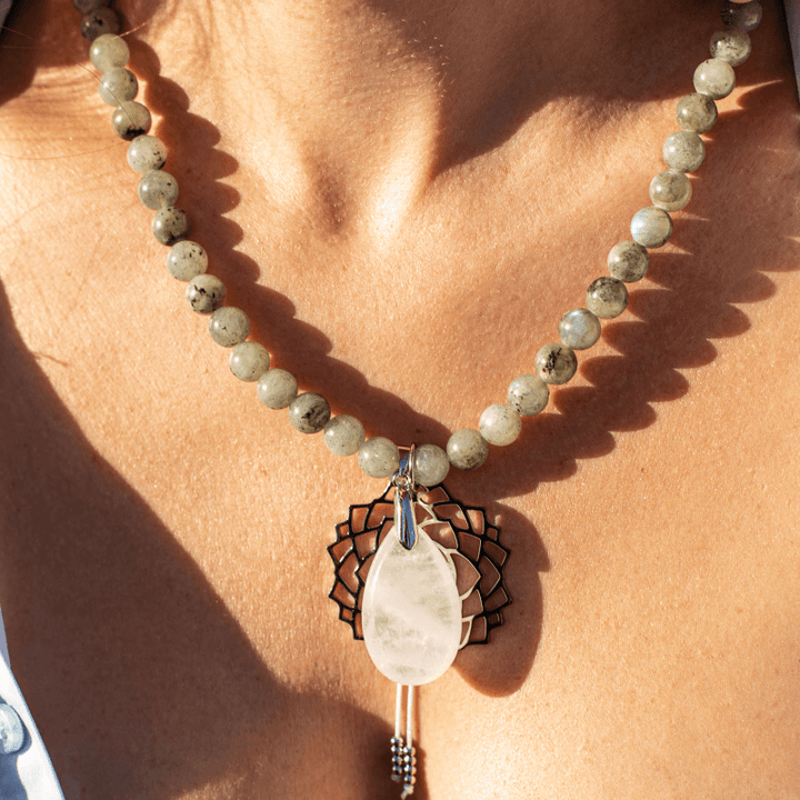 Labradorite, Jade & Amethyst mala beads necklace. Spiritual meditation jewelry for chakra balance & protection.