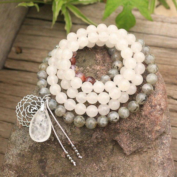 Handmade Labradorite, Jade, Amethyst mala beads. Healing jewelry for meditation, spiritual protection & balance.