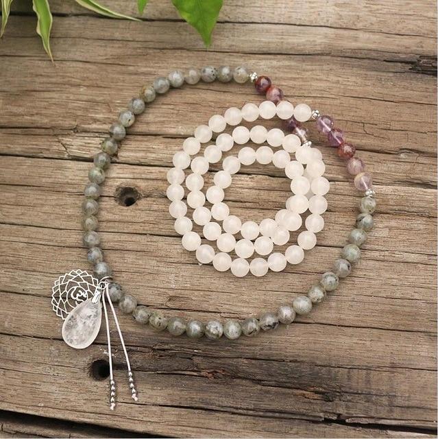 Protection & chakra balance with Labradorite, Jade, Amethyst mala beads. Ideal for spiritual meditation.