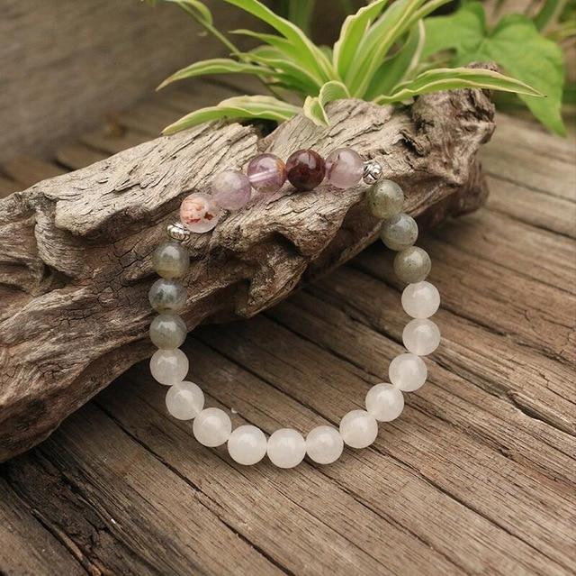 Close-up of Labradorite, Jade, Amethyst mala beads. Handmade healing jewelry for meditation & spiritual growth.