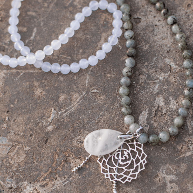 Full view of Unisex Labradorite, Jade, Amethyst mala beads necklace. Spiritual jewelry for meditation & healing.