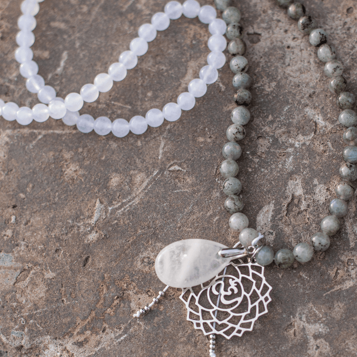 Full view of Unisex Labradorite, Jade, Amethyst mala beads necklace. Spiritual jewelry for meditation & healing.