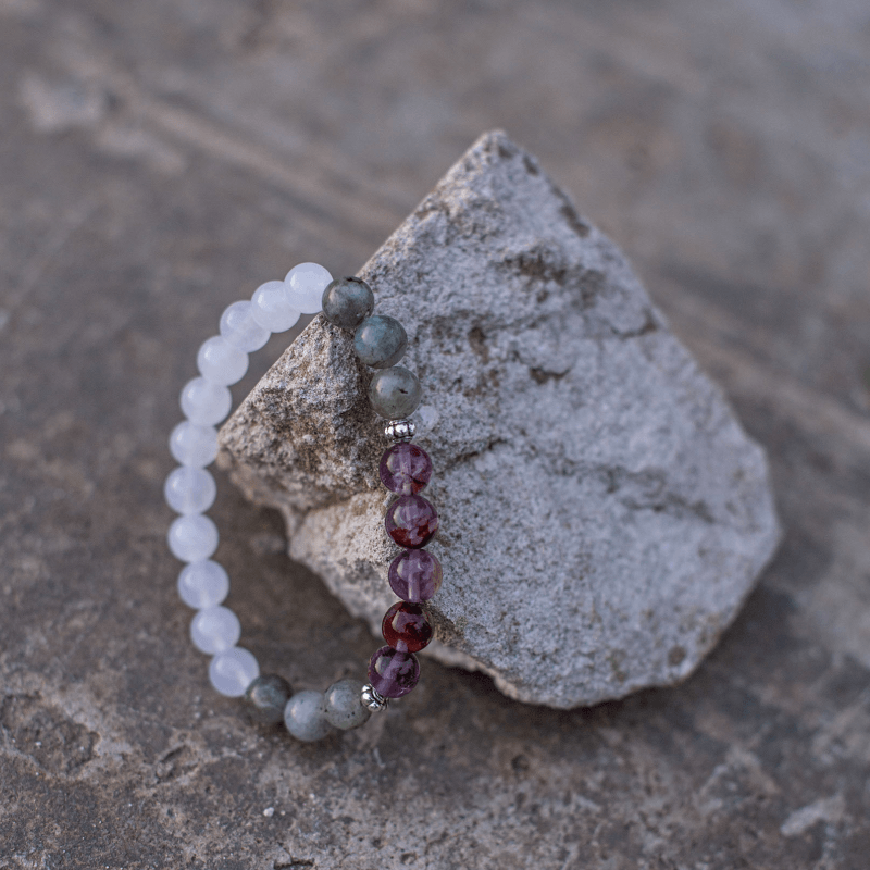 Gemstone Labradorite, Jade, Amethyst mala beads. Handmade meditation necklace for spiritual healing & balance.