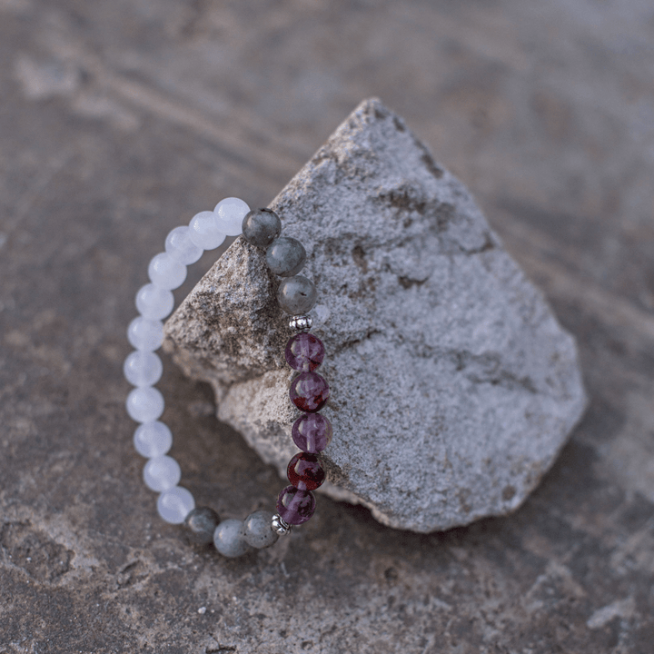 Gemstone Labradorite, Jade, Amethyst mala beads. Handmade meditation necklace for spiritual healing & balance.