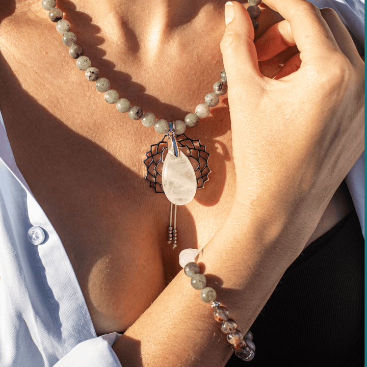 Unisex Labradorite, Jade, Amethyst mala beads worn. Spiritual meditation necklace for healing & chakra balance.