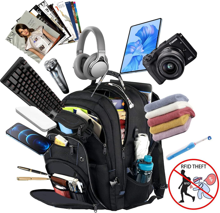 Spacious 55L travel backpack with padded laptop compartment, ideal for secure transport of electronic devices.