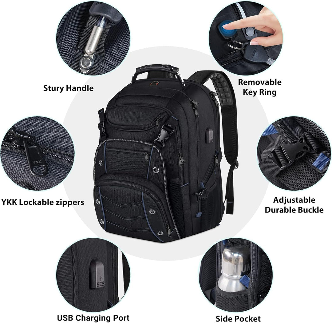 Close-up of the durable, water-resistant fabric on the 55L travel backpack, protecting contents from rain.