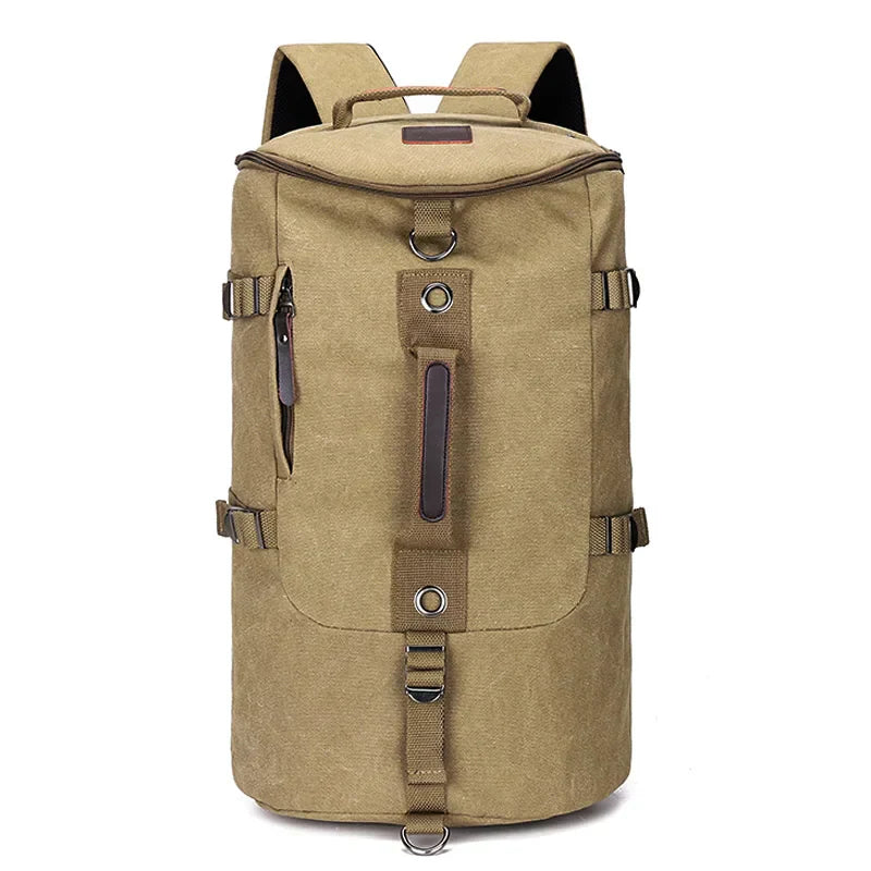 TrailHaven large canvas travel backpack, brown, showing spacious main compartment, unisex design