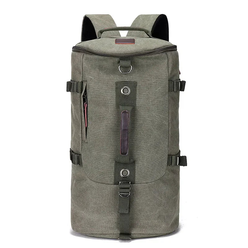 Large capacity unisex travel backpack, grey, side view with water bottle pocket, durable canvas