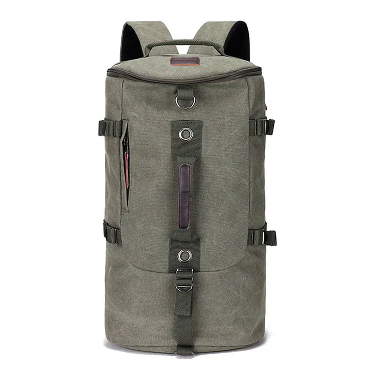 Large capacity unisex travel backpack, grey, side view with water bottle pocket, durable canvas
