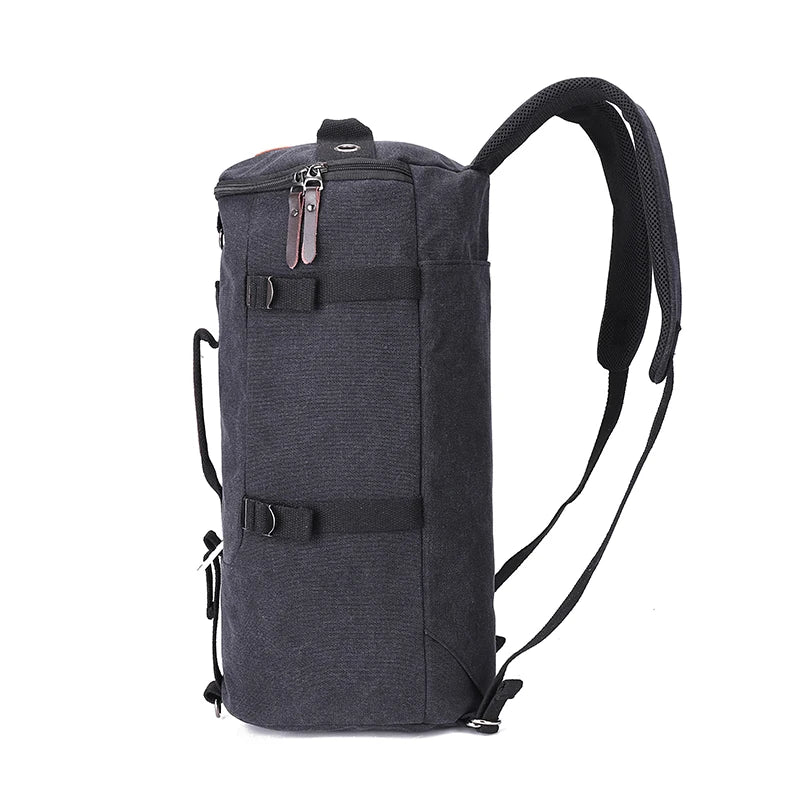 Unisex large canvas travel knapsack, blue, worn by hiker, showcasing comfort and capacity