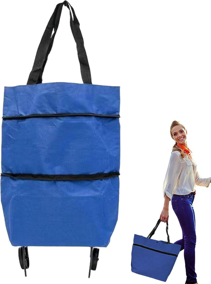 Veytra foldable shopping cart, black, with various groceries inside, demonstrating its volume