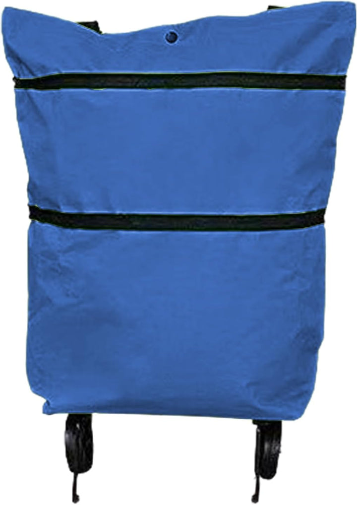 Reusable wheeled shopping bag, brightly colored print, an eco-friendly and stylish option