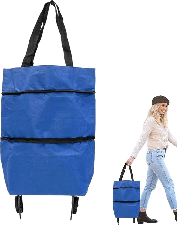 Foldable shopping cart with wheels, blue, front view, highlighting its stable base and support