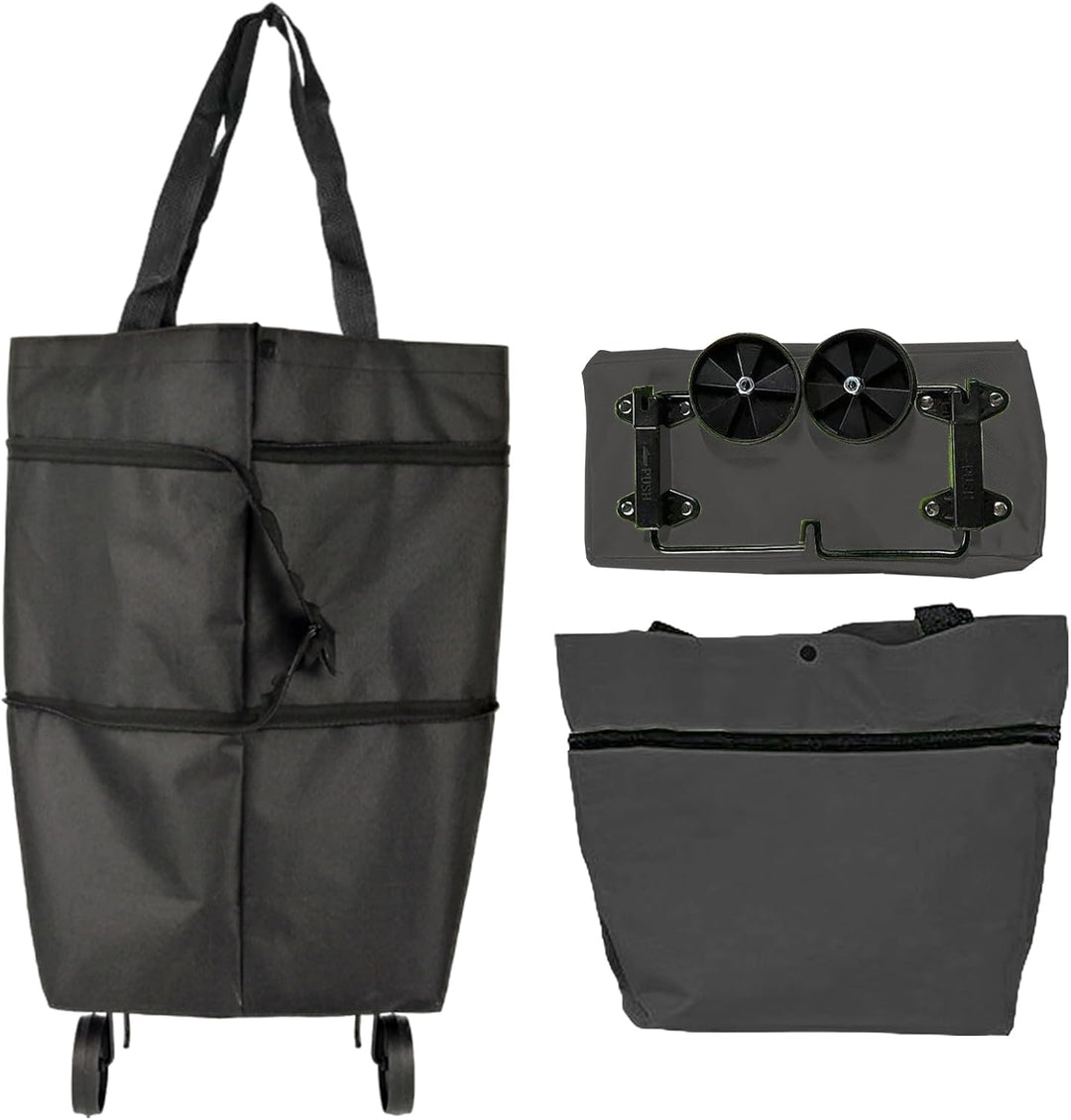 Unisex large capacity foldable wheeled bag, gray, being carried comfortably by its handle
