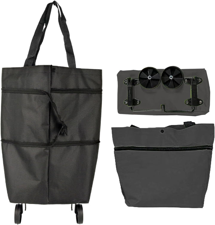 Unisex large capacity foldable wheeled bag, gray, being carried comfortably by its handle