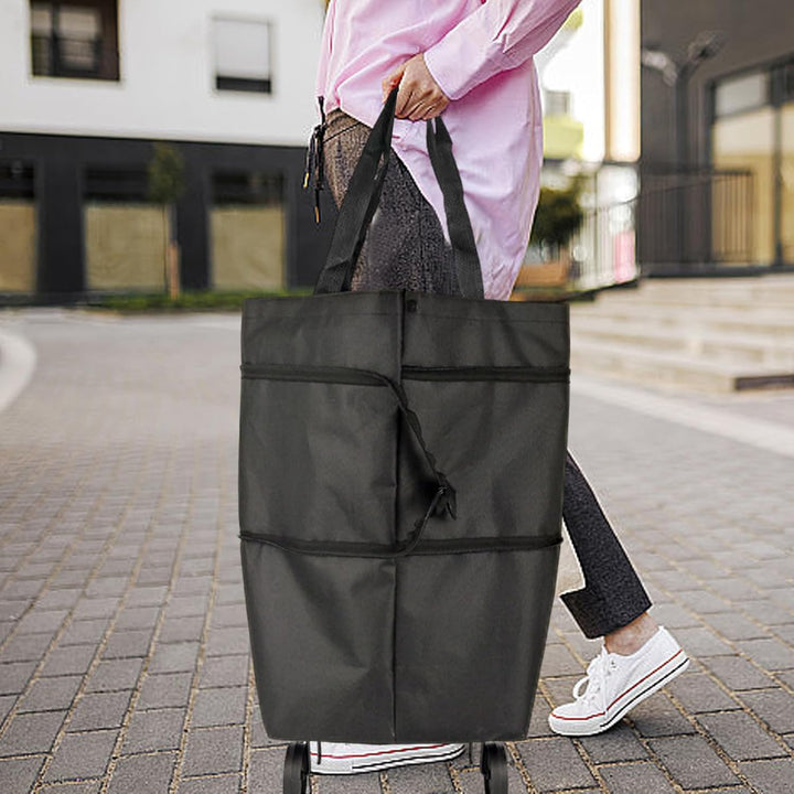 Foldable shopping cart, black, standing upright, showcasing its full height and accessibility