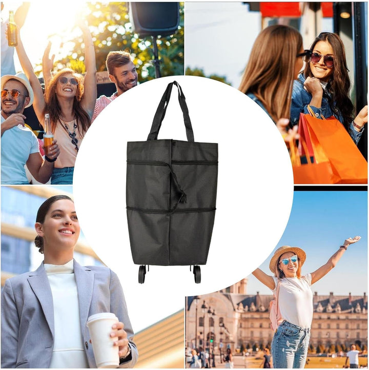 Veytra foldable shopping bag, orange, shown with a young person using it at a local market