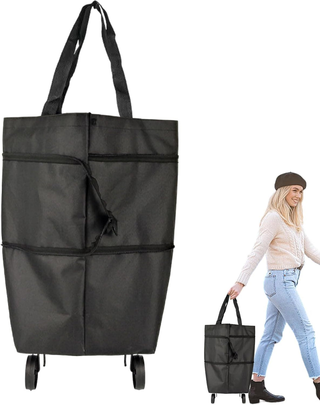 Foldable wheeled shopping cart, gray, featuring a side pocket for extra storage items