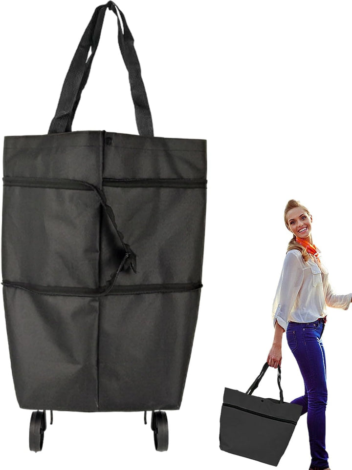 Foldable shopping tote with wheels, colorful pattern, hanging on a hook in a compact form