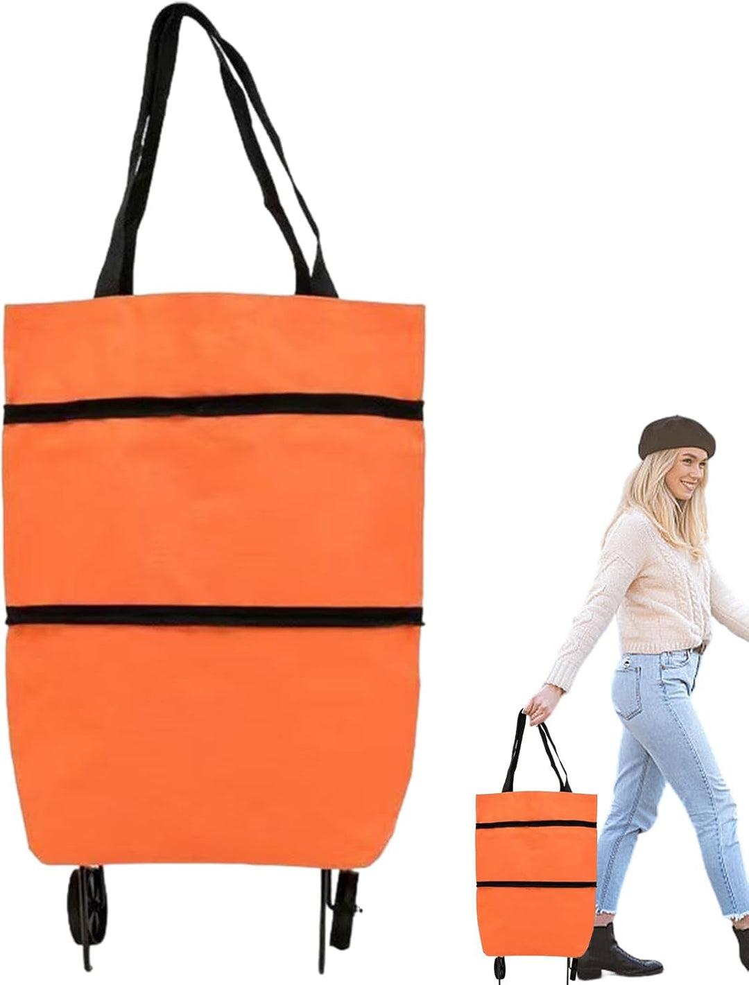 Foldable shopping tote, black, with an adjustable handle, customizable for different heights